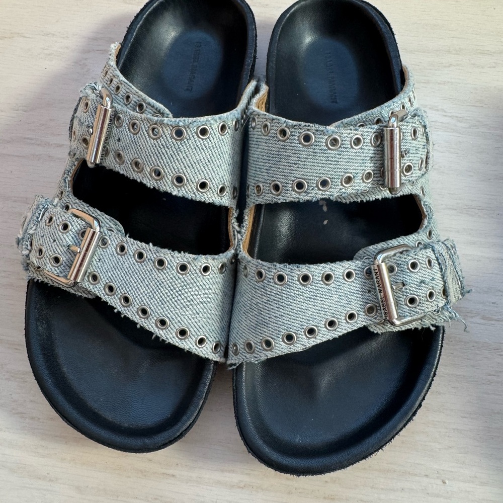 Isabel Marant Blue and Black Mules with Buckle Straps